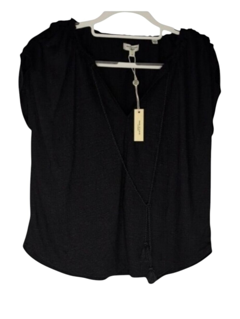 Max Studio Black Top with Cap Sleeves and Tie Neckline Size Small